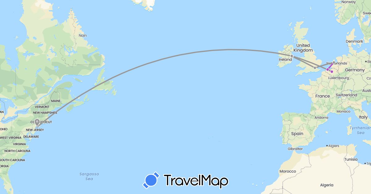 TravelMap itinerary: driving, plane, train in Belgium, United Kingdom, Ireland, Netherlands, United States (Europe, North America)